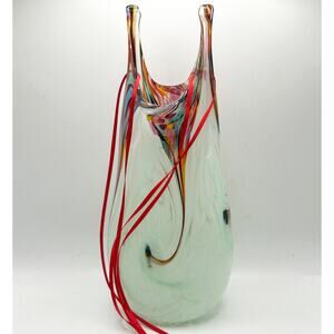 MURANO Style Hand Crafted Multicolor Art Glass Hanging “Bag” Stretch Vase Signed